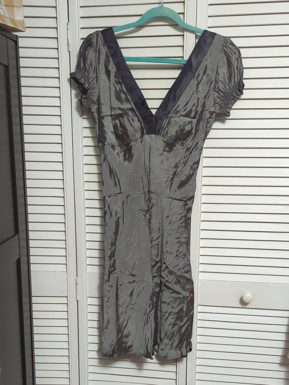 Gray V-Neck Satin Mini Dress - Brand Unspecified